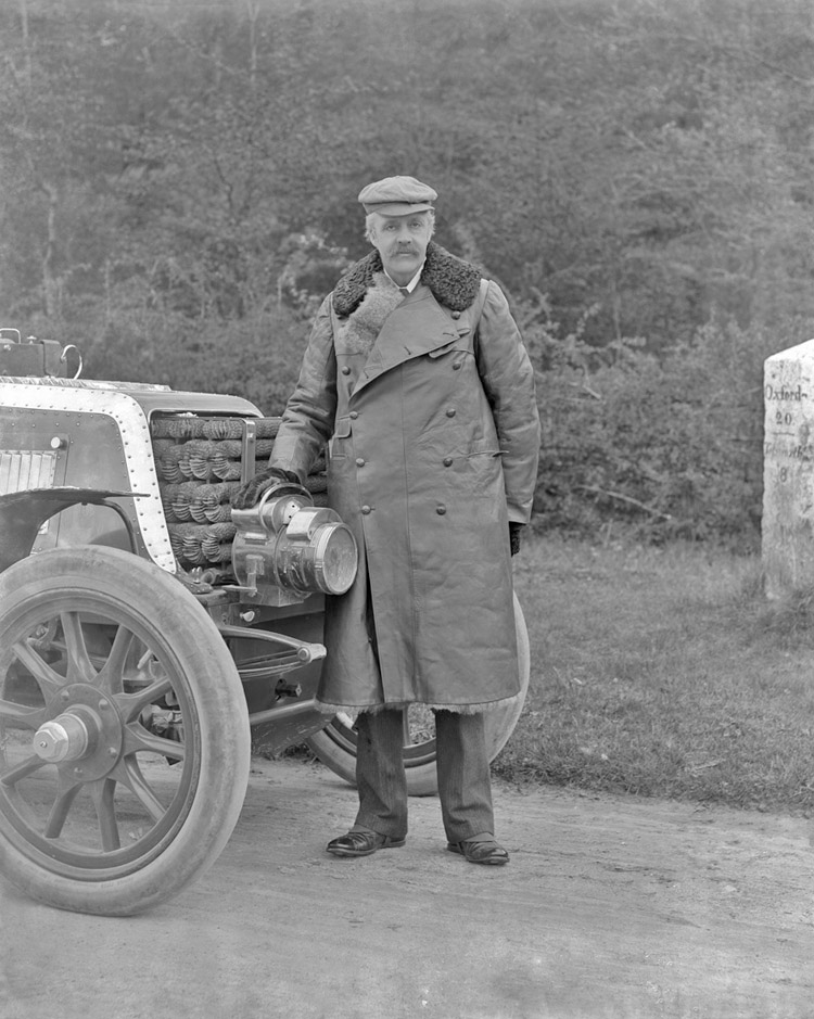 Arthur James Balfour (1848-1930), later 1st Earl of Balfour . Full length, exterior with 1901 Daimler 4.5 ltr., 4 cyl. motor car.