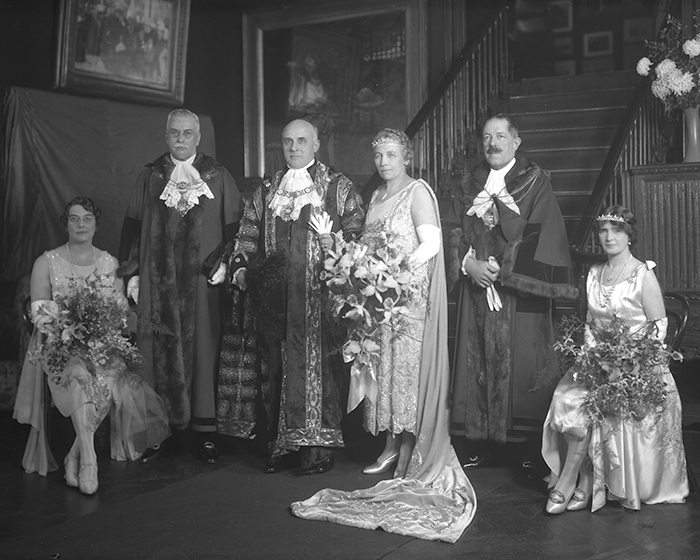 (Lord Mayor of London) Sir Charles Albert Batho, 1st Bt. (1872-1938); Bt. (cr 1928); a ships store and export merchant; Lord Mayor of London (1927-28). (Lady Mayoress) Lady Batho, née Bessie Parker (d. 1961); 4th daughter of Benjamin Parker, of Broadlands, Oulton Broad, Suffolk; m. (1897) Sir Charles Albert Batho, 1st Bt., Lord Mayor of London (1927-28).