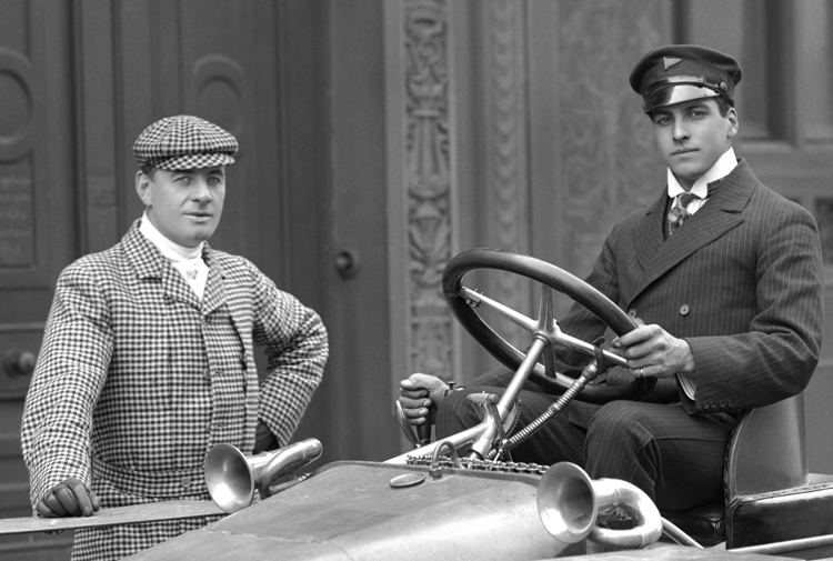 Lieutenant-Commander Montague Grahame-White (1877-1961), racing driver, car, yacht & aeroplane broker, at the wheel of a [4-cylinder, 30 h.p. or 45 h.p.] Wolseley racing car with actor Julius Knight (1863-1941).