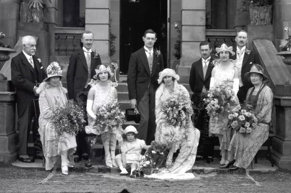 The marriage of J. Holden Fraser to Miss Eileen May Morrow, wedding [family] group with best men and bridesmaids. [see below for enlarged details of image] 